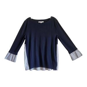 LOFT Women M Blouse Top Navy Blue White Striped Ruffle Sleeve Layered Look 36"